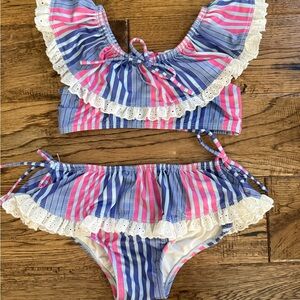 Wildling (Well Dressed Wolf) Girls Striped Pink & Blue Ruffle Bikini